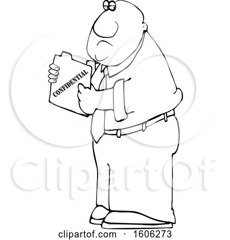 Clipart of a Cartoon Lineart Black Business Man Holding a Confidential File - Royalty Free Vector Illustration by djart