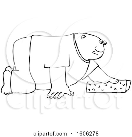 Clipart of a Cartoon Lineart Black Man Cleaning the Floor with a Sponge - Royalty Free Vector Illustration by djart