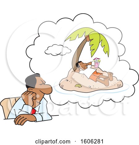 Clipart of a Black Business Man Day Dreaming of a Vacation on a Deserted Island - Royalty Free Vector Illustration by Johnny Sajem