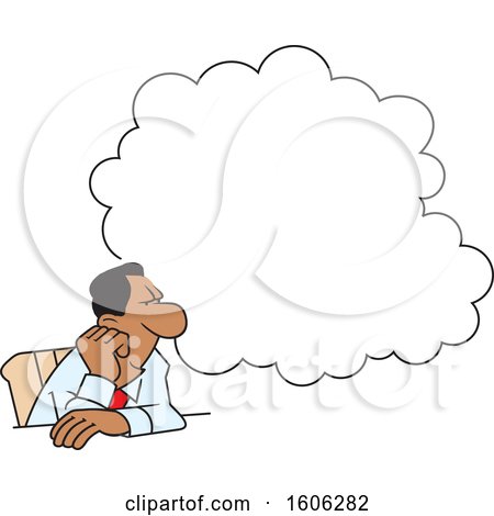 Clipart of a Black Business Man Daydreaming Under a Cloud at His Desk - Royalty Free Vector Illustration by Johnny Sajem