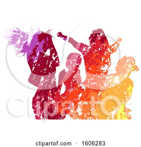 Clipart of a Silhouetted Group of Party People Dancing in Colorful Grunge - Royalty Free Vector Illustration by dero