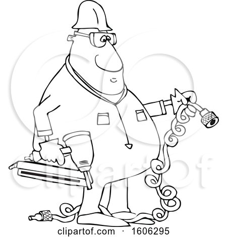 Clipart of a Cartoon Lineart Black Male Construction Worker Holding an Air Nailer - Royalty Free Vector Illustration by djart