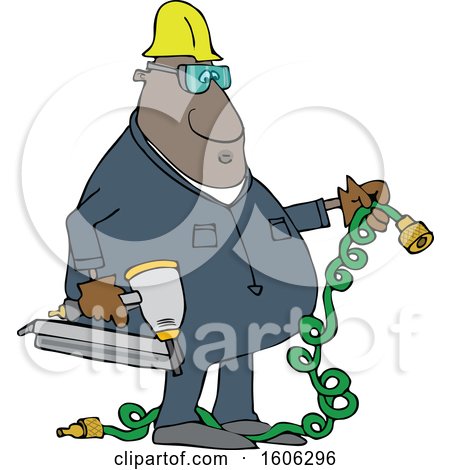 Clipart of a Cartoon Black Male Construction Worker Holding an Air Nailer - Royalty Free Vector Illustration by djart