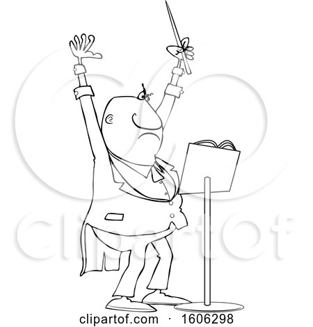 Clipart of a Cartoon Lineart Black Male Music Conductor Holding up an Arm and Wand - Royalty Free Vector Illustration by djart