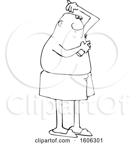 Clipart of a Cartoon Lineart Black Man Applying Deodorant Spray - Royalty Free Vector Illustration by djart