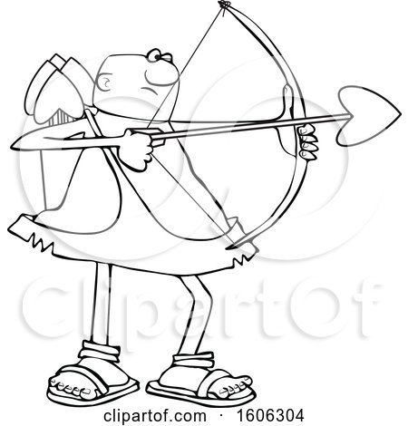Clipart of a Cartoon Lineart Black Male Cupid Shooting an Arrow - Royalty Free Vector Illustration by djart