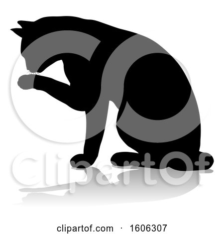 Clipart of a Silhouetted Cat Grooming, with a Shadow or Reflection, on a White Background - Royalty Free Vector Illustration by AtStockIllustration