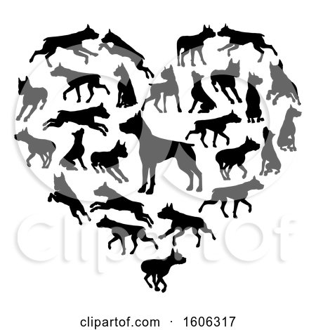 Clipart of a Heart Made of Black Silhouetted Pitbull or Staffordshire Terrier Dogs - Royalty Free Vector Illustration by AtStockIllustration