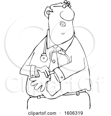 Clipart of a Cartoon Lineart Black Male Doctor Putting on Exam Gloves - Royalty Free Vector Illustration by djart