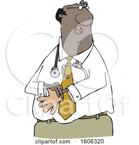 Clipart of a Cartoon Black Male Doctor Putting on Exam Gloves - Royalty Free Vector Illustration by djart