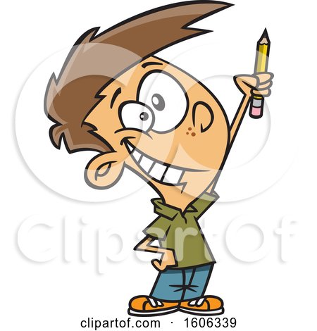 Clipart of a Cartoon White Boy Classroom Warrior Holding up a Pencil - Royalty Free Vector Illustration by toonaday