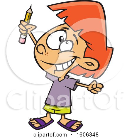 Clipart of a Cartoon White Girl Classroom Warrior Holding up a Pencil - Royalty Free Vector Illustration by toonaday