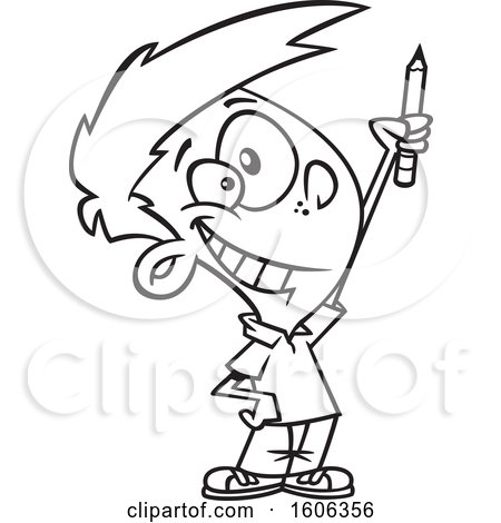 Clipart of a Cartoon Black and White Boy Classroom Warrior Holding up a Pencil - Royalty Free Vector Illustration by toonaday