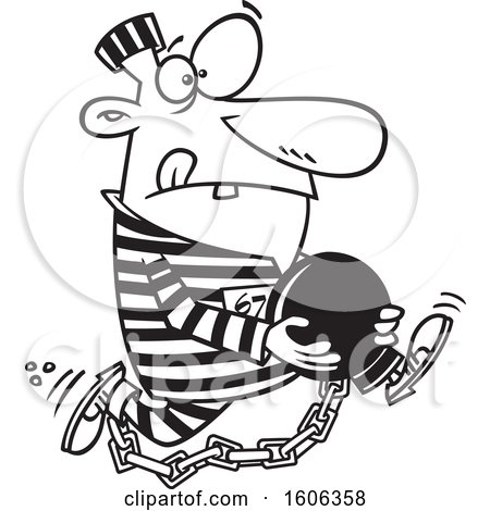 Clipart of a Cartoon Black and White Male Robber Holding His Ball and Escaping - Royalty Free Vector Illustration by toonaday