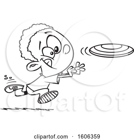Clipart of a Cartoon Black and White Black Boy Chasing a Frisbee - Royalty Free Vector Illustration by toonaday