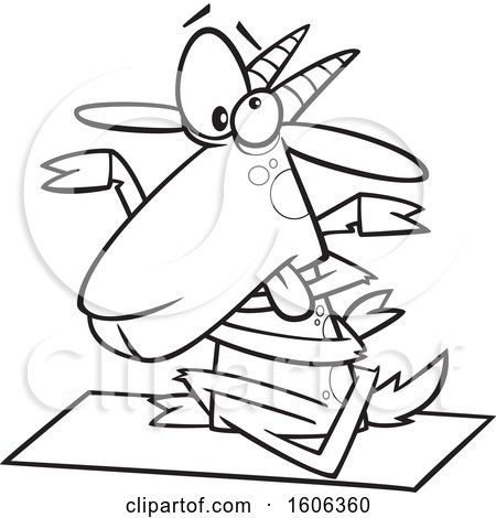 Clipart of a Cartoon Black and White Tangled Yoga Goat - Royalty Free Vector Illustration by toonaday