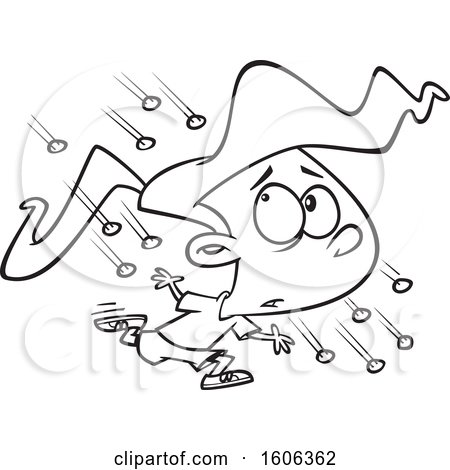Clipart of a Cartoon Black and White Girl Running in a Hail Storm - Royalty Free Vector Illustration by toonaday