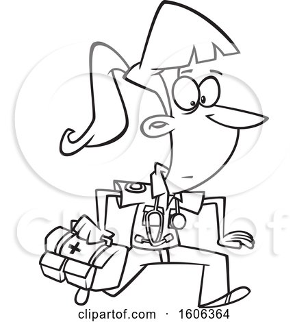 Clipart of a Cartoon Black and White Running Female EMT with a First Aid Kit - Royalty Free Vector Illustration by toonaday