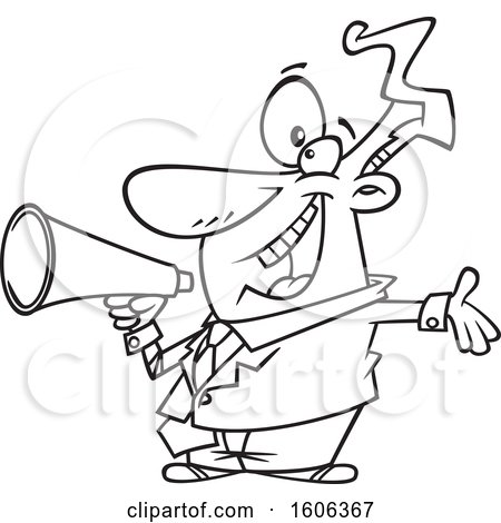 Clipart of a Cartoon Black and White Enthusiastic Business Man Marketing with a Megaphone - Royalty Free Vector Illustration by toonaday