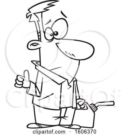 Clipart of a Cartoon Black and White Man Hitchhiking and Holding a Gas Can - Royalty Free Vector Illustration by toonaday