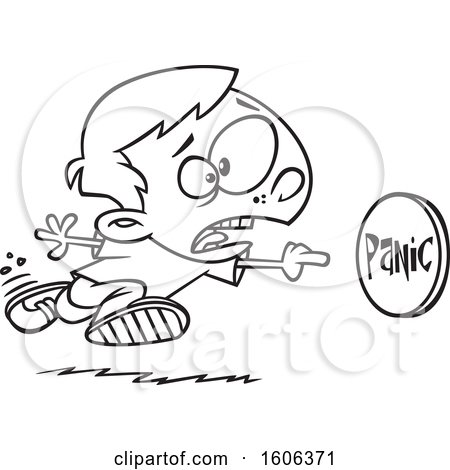 Clipart of a Cartoon Black and White Boy Rushing to Push a Panic Button - Royalty Free Vector Illustration by toonaday