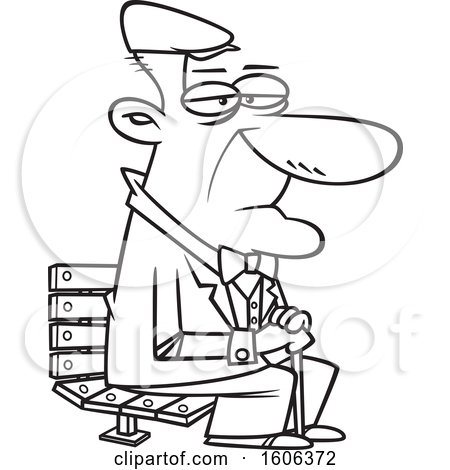 Clipart of a Cartoon Black and White Senior Man Sitting on a Park Bench - Royalty Free Vector Illustration by toonaday