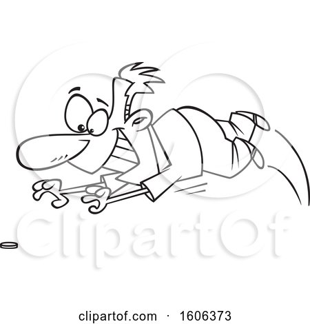 Clipart of a Cartoon Black and White Male Penny Pincher Diving for a Coin - Royalty Free Vector Illustration by toonaday