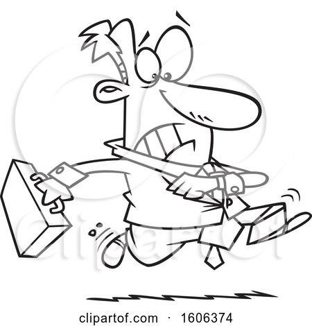 Clipart of a Cartoon Black and White Extremely Late Business Man Running - Royalty Free Vector Illustration by toonaday