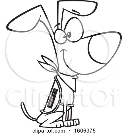Clipart of a Cartoon Black and White Sitting Happy Service Dog - Royalty Free Vector Illustration by toonaday