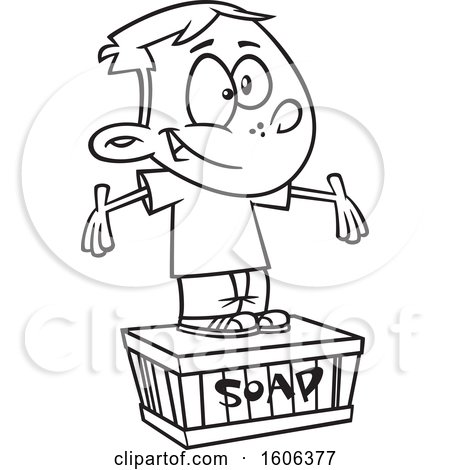 Clipart of a Cartoon Black and White Boy Standing on a Soapbox - Royalty Free Vector Illustration by toonaday