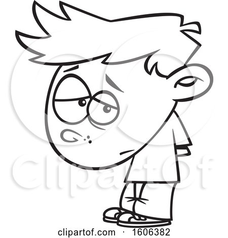 Clipart of a Cartoon Black and White Boy Looking Ashamed - Royalty Free Vector Illustration by toonaday