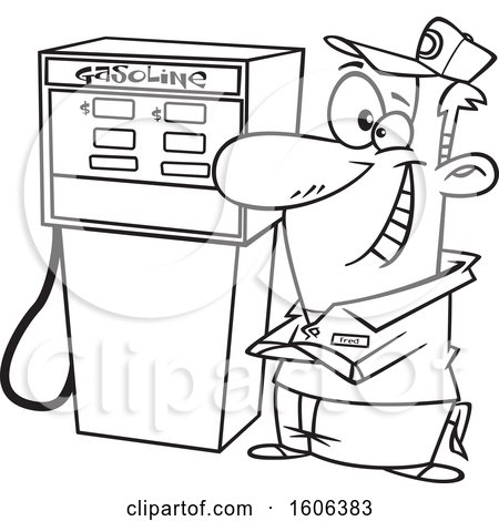 Clipart of a Cartoon Black and White Happy Male Gas Station Pump Attendant - Royalty Free Vector Illustration by toonaday
