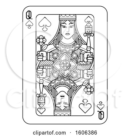 Clipart of a Black and White Queen of Spades Playing Card - Royalty Free Vector Illustration by AtStockIllustration