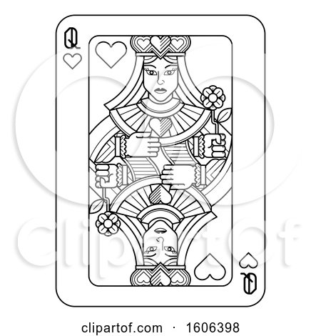 Clipart of a Black and White Queen of Hearts Playing Card - Royalty Free Vector Illustration by AtStockIllustration