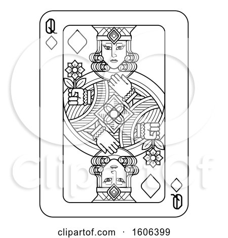 Clipart of a Black and White Queen of Diamonds Playing Card - Royalty Free Vector Illustration by AtStockIllustration