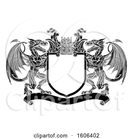 Clipart of a Black and White Heraldic Shield with Dragons and Knights Great Helm - Royalty Free Vector Illustration by AtStockIllustration