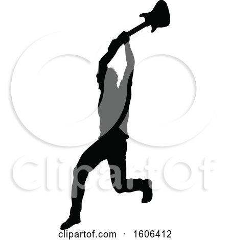Clipart of a Silhouetted Male Guitarist Smashing His Guitar - Royalty Free Vector Illustration by AtStockIllustration