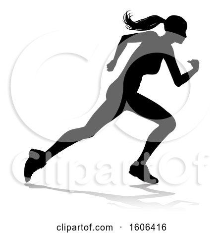 Clipart of a Silhouetted Female Runner, with a Reflection or Shadow, on a White Background - Royalty Free Vector Illustration by AtStockIllustration