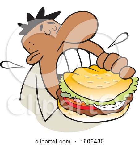 Clipart of a Cartoon Black Man Taking a Bite of a Big Burger - Royalty Free Vector Illustration by Johnny Sajem