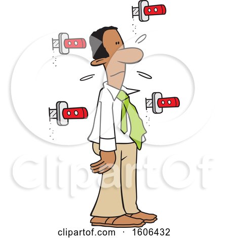 Clipart of a Day in the Life of a Man, Showing a Cartoon Black Guy Surrounded by Knives in the Wall - Royalty Free Vector Illustration by Johnny Sajem