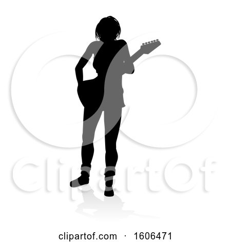 Clipart of a Silhouetted Female Guitarist, with a Reflection or Shadow, on a White Background - Royalty Free Vector Illustration by AtStockIllustration