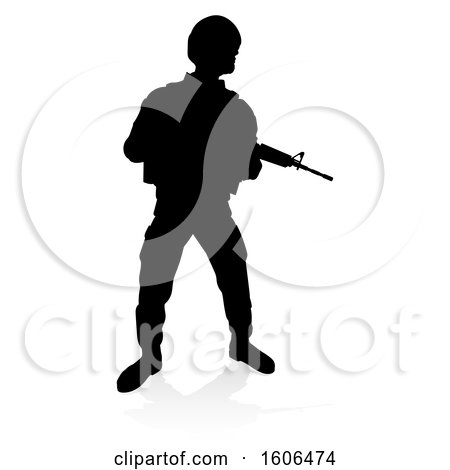 Clipart of a Silhouetted Male Armed Soldier, with a Reflection or Shadow, on a White Background - Royalty Free Vector Illustration by AtStockIllustration