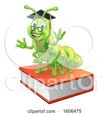 Clipart of a Happy Green Caterpillar Professor on Books - Royalty Free Vector Illustration by AtStockIllustration
