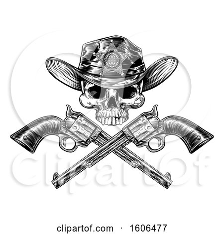 Clipart of a Cowboy Sheriff Skull over Crossed Guns in Black and White - Royalty Free Vector Illustration by AtStockIllustration