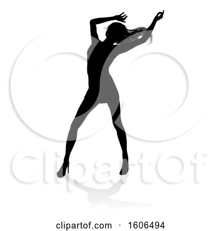 Clipart of a Silhouetted Female Dancer in Heels, with a Shadow, on a White Background - Royalty Free Vector Illustration by AtStockIllustration