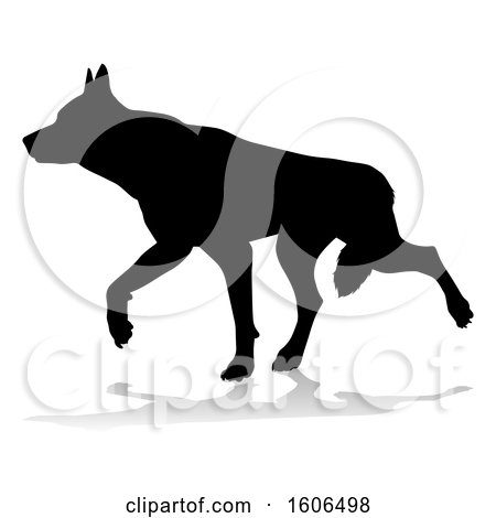 Clipart of a Silhouetted German Shepherd Dog, with a Reflection or Shadow, on a White Background - Royalty Free Vector Illustration by AtStockIllustration