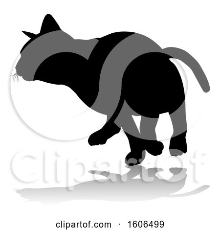 Clipart of a Silhouetted Cat, with a Shadow or Reflection, on a White Background - Royalty Free Vector Illustration by AtStockIllustration