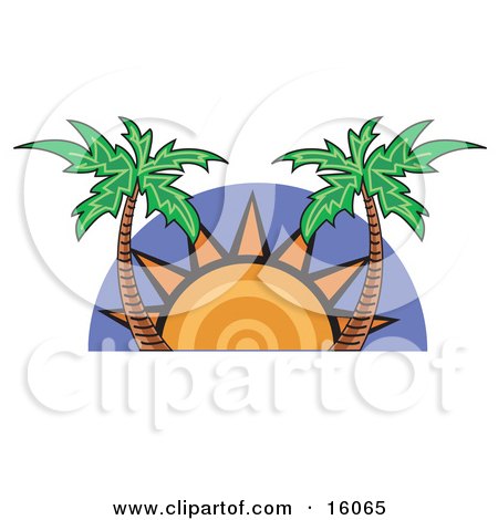 The Sun Setting Between Two Palm Trees Clipart Illustration by Andy Nortnik