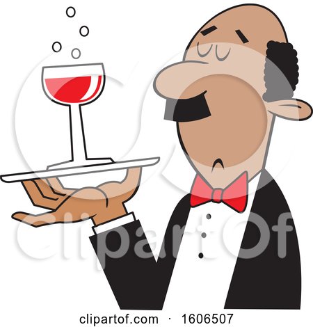 Clipart of a Cartoon Black Man Serving a Glass of Red Wine - Royalty Free Vector Illustration by Johnny Sajem