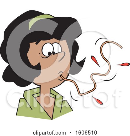 Clipart of a Cartoon Black Woman Sucking up a Messy Spaghetti Noodle, How Not to Eat Spaghetti - Royalty Free Vector Illustration by Johnny Sajem